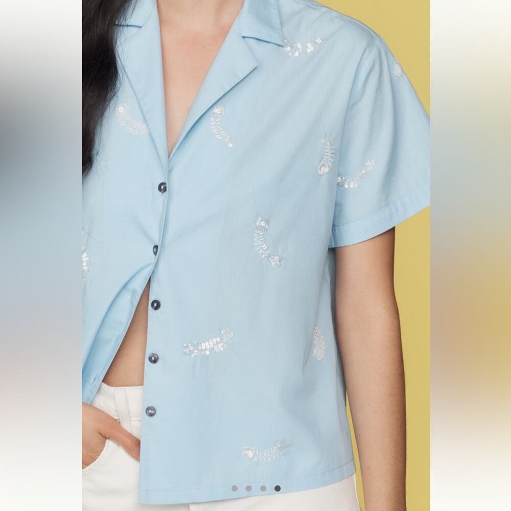 Anthropologie Light Blue Embroidered Button-Up Blouse